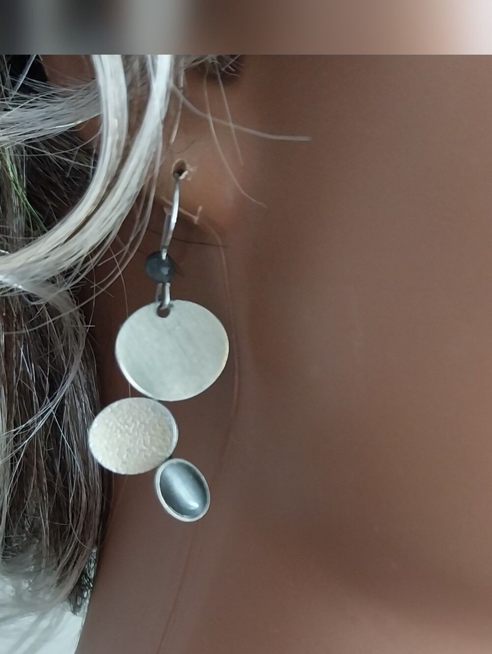 Silver Tone Triple Disc Drop Earrings - Modern Minimalist - Picture 9 of 9